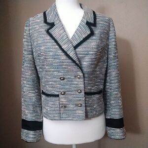 Anthropologie Tweed Blazer, Coquille  Blue White Tweed Jacket, Size - 2
